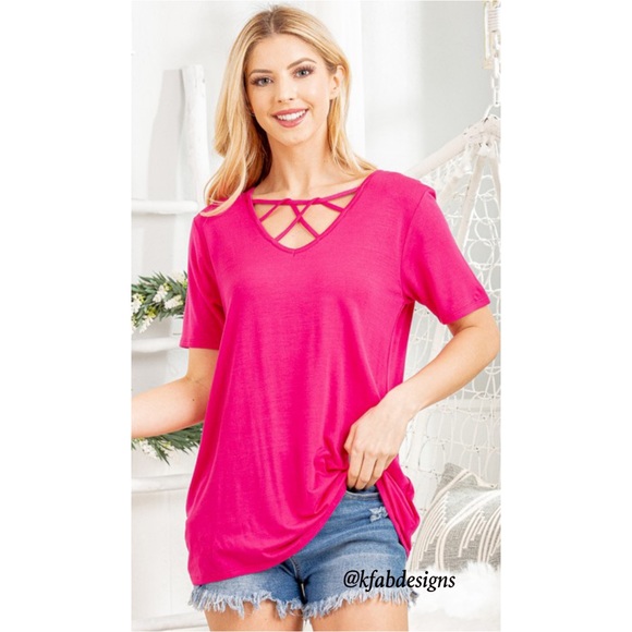 LAST 2! V Neck Criss Cross Solid Fuchsia Soft Top! - Picture 7 of 9